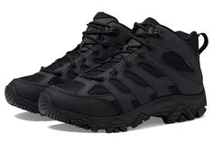 Merrell Work Moab 3 Mid Tactical Wp - Men's Shoes : Black : Tackle the tough jobs in the Merrell Work Moab 3 Mid Tactical Wp shoes. Part of the Merrell Work Collection. Lace-up closure offers a secure fit. Round, closed toe silhouette. Padded tongue and collar for added support. Pull tab in back for easy on and off access. Waterproof membrane seals out water and lets moisture escape. Leather and textile upper. Textile lining. Removable textile insole. Synthetic outsole. Style Number: J004113/J00 Boots Comfortable, Mens Shoes Black, Military Tactical, Tactical Boots, Hype Shoes, Sneakers Men Fashion, Safety Shoes, Rubber Heels, Outdoor Hiking