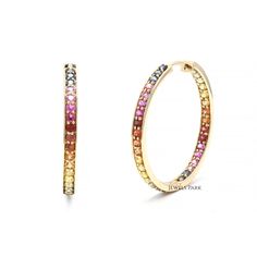 Rainbow sapphire hoops earrings in 14k 18k gold, Natural multi sapphire rainbow ombre hoops, Rainbow hoops earrings gold, Ready to ship gift EARRING DETAILS : ✦ Earring type : Hoops ✦ Earring length : 30 mm ✦ Earring closure : Hoops lock ✦ Earring weight : 5-6 grams for the pair ✦ Ready to ship variant : 14K Yellow Gold STONE DETAILS : ✦ Gemstone: Rainbow Sapphire ✦ Gemstone Type : Natural ✦ Gemstone Size : 2.00 mm ✦ Gemstone Shape : Round Cut ✦ Number of gemstones : 68 ✦ Gemstone Weight : 3-4 c Elegant Rainbow Hoop Jewelry, Elegant Rainbow Colored Hoop Jewelry, Multicolor Fine Jewelry Hoop Earrings As Gift, Multicolor Hoop Jewelry For Anniversary, 14k Gold Rainbow Jewelry, Fine Jewelry Multicolor Hoop Earrings, 14k Gold Round Rainbow Jewelry, Rainbow Colored Round 14k Gold Jewelry, Fine Jewelry Multicolor Hoop