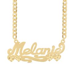 Put your personality in the spotlight with this shimmering diamond cut script nameplate curb chain necklace. Made in responsibly sourced sterling silver with 14K plated yellow gold for everyday wear with proper care. Chain Length: 18 in. Chain Width: 3 mm Character LImit: 3-10 Tarnish Resistant Nameplate Necklace For Personalized Gift, Anniversary Nameplate Necklace With Curb Chain, Yellow Gold Nameplate Jewelry With Diamond Accents, Personalized Nameplate Necklace Tarnish Resistant, Silver Tarnish Resistant Nameplate Necklace, 14k Gold Bracelet With Curb Chain And Nameplate, Personalized Tarnish Resistant Nameplate Necklace, 14k Gold Tarnish Resistant Nameplate Necklace, Sterling Silver Nameplate Jewelry With Curb Chain