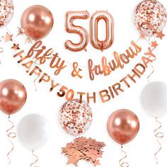 PRICES MAY VARY. Package Contains - one rose gold fifty & fabulous banner garland and one rose gold happy 50th birthday banner garland, 1 set rose gold foil 50 number balloons, 3 rose gold balloons, 2 white balloons and 3 rose gold star confetti balloons. 2 pcs 10 meters rose gold ribbon.Each banner string is 8.2 feet/2.5 meters both contains 4 sparkling twinkle stars. Environmental Material - Our fifty and fabulous happy 50th birthday banner garland kit are made with high quality double sided m 90th Birthday Banner, 60th Birthday Banner, 50th Birthday Banner, 40th Birthday Banner, 30th Birthday Banner, 90th Birthday Decorations, 60th Birthday Decorations, Birthday Decorations For Men, 50th Birthday Party Decorations