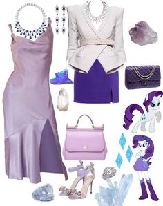 a woman's purple dress and accessories are arranged in the shape of a doll