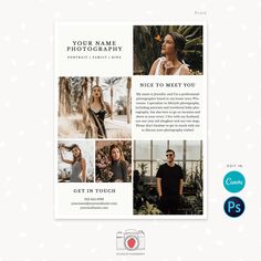 a flyer for a photographer with photos and text on the front, and an image of a