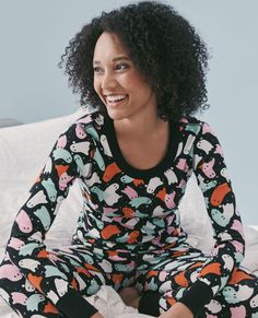 Women's Halloween Long John Pajama Top Cotton Sleepwear For Sleepover In Fall, Black Top For Lounging In Fall, Cotton Sleep Tops For Fall, Fall Cotton Sleep Tops, Playful Halloween Sleepwear For Pajama Party, Playful Sleepwear For Halloween Pajama Party, Playful Relaxed Fit Tops For Lounging, Casual Cotton Halloween Sleepwear, Playful Relaxed Fit Tops For Pajama Party