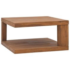 a wooden coffee table sitting on top of a white floor next to a shelf with two shelves underneath it