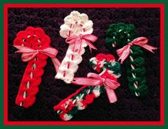 crocheted christmas candy canes and bows