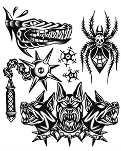 an assortment of tattoo designs on a white background