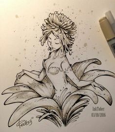 an ink drawing of a woman sitting on top of a book with flowers in her hair