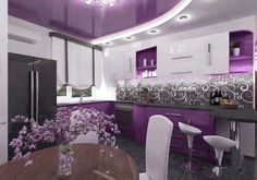 a kitchen with purple and white decor on the ceiling, counter tops and chairs around a wooden dining table