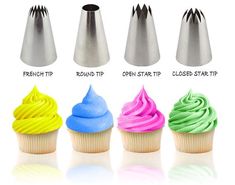 cupcakes with different colored frosting and piping tips