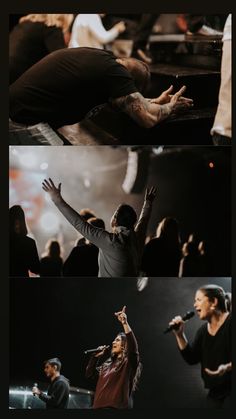 four different shots of people singing on stage and in front of an audience with their hands up