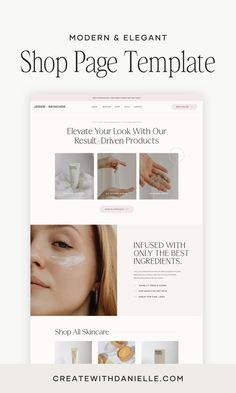 the shop page template is shown with an image of a woman's face and hands