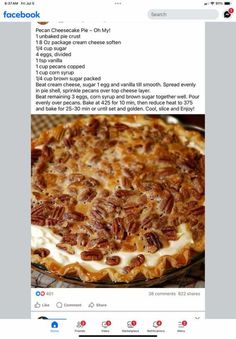 an image of a pie with pecans on it's crust and the recipe below