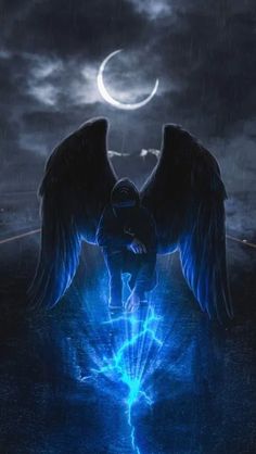 an angel kneeling down in the rain with his wings spread wide open and glowing blue