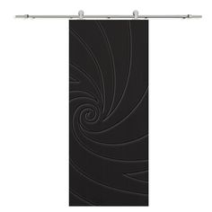 an image of a black curtain with swirls on the top and bottom, hanging from a metal rod