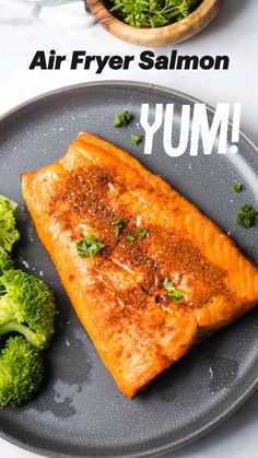 the best air fryer salmon on a plate with broccoli