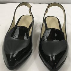 Pair Of Womens Shoes With Black Patent Finish, Sling Back, 3/4" Heel, Size 8 China/7.5 Us Shoes Are Brand New, Never Worn Casual Black Low Heel Slingback Pumps, Black Pointed Toe Slingback Pumps For Casual Wear, Black Flat Slingback Pumps For Party, Casual Black Slingback Pumps With Pointed Toe, Casual Black Pointed Toe Slingback Pumps, Black Low Heel Slingback Sandals Medium Width, Black Slingback Sandals With Low Heel, Medium Width, Black Medium Width Low Heel Slingback Sandals, Casual Black Slingback Pumps With Ankle Strap