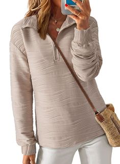 PRICES MAY VARY. Dokotoo Women's Quarter Zip Up Pullover Shirts is made with lhigh-quality knitted fabric that makes you feeling well for the soft skin. Features：Womens Pullover Sweatshirt, Long Sleeve Shirts for Women, Fall Outfits for Women 2024, Exquisite Pleated Texture, Half Zip Collar, Womens Sweatshirt No Hood, Fall Sweatshirts for Women Loose Fit, Relaxed Fit, Fashion and Casual Style, Solid Color , Fall Jackets for Women. Style: Our long sleeve womens sweatshirt makes the perfect athlei Casual Long Sleeve Cotton Fleece Top, Winter Cotton Fleece Long Sleeve Sweatshirt, Casual Long Sleeve Oatmeal Sweater, Women Quarter Zip Sweater, Tan Quarter Zip Sweater, Fall Jackets For Women, Womens Half Zip Pullover, Half Zip Long Sleeve, School Vacation