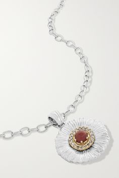 Part of the 'Blossoms' collection, Buccellati's necklace is strung with a daisy pendant intricately engraved using the label's signature  rigato  technique. It's handmade from sterling silver and has a red jasper at its center framed by sparkling diamonds and mounted in gold-plated metal. Luxury Flower Pendant Gemstone Jewelry, Luxury Medallion-shaped Jewelry With Brilliant Cut, Luxury Fine Jewelry Flower-shaped Necklace, Buccellati Necklace, Buccellati Bracelet, Daisy Pendant, White Necklace, Red Jasper, Fine Jewellery Necklace