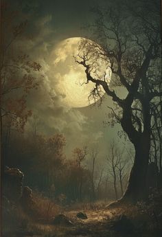 a painting of a full moon in the night sky over a wooded area with rocks and trees