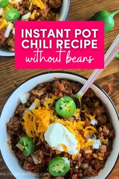 instant pot chili recipe without beans in two bowls with spoons and green peppers on the side