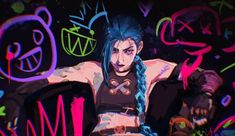 a woman with blue hair and tattoos standing in front of neon colored graffiti wallpaper