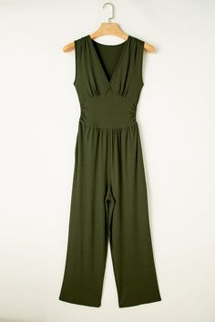 This sleeveless jumpsuit is perfect for warmer days with a flattering V-neckline and high-waisted silhouette, offering a chic and casual look.Bottoms > Jumpsuits & Rompers Material: 95%Polyester+5%Elastane Pattern: solid Neckline: V Neck Details: Ruched Occasion: Daily Style: casual Sleeve Length: sleeveless Silhouette: Sheath Waist Line: High Waist Color: Moss Green Dress Purse, Stylish Wardrobe, Romper And Jacket, Green Jumpsuit, Jumpsuit Online, Sweaters Online, Loungewear Set, Leg Design, Sleeveless Jumpsuits