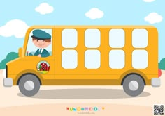 a boy driving a yellow school bus with trees in the background