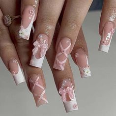 Amazon.com: Foccna Press on Nails Medium Long Rhinestone Pink Fake Nails Square Bling Glossy 3D Flower False Nail Tips Artificial Nails Finger Manicure for Women and Girls-24pcs : Beauty & Personal Care Paznokcie Hello Kitty, Fake Nails White, Easy Nails, Manicure Tips, Coffin Press On Nails, White Nail, Pink Acrylic Nails, False Nail