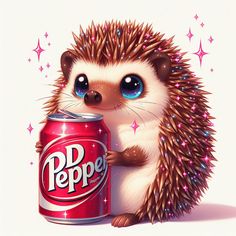 a hedgehog holding a can of soda with stars around it and the caption peppee on top