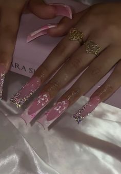 Pink Bday Nails, Pink Stiletto Nails, Diamond Nail Designs, Stiletto Nail Art, Long Nail Designs, Long Nail, French Tip Acrylic Nails