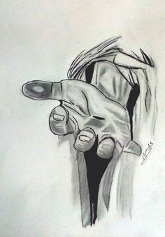 a black and white drawing of a hand holding something in it's right hand