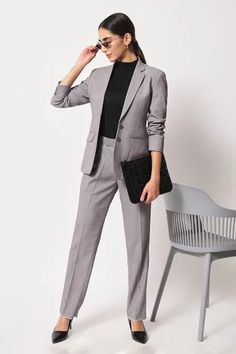 Shop for Soniya G Grey Suiting Notch Lapel Collar Blazer And Pant Set for Women Online at Aza Fashions Gray Pantsuit Women, Blazer Interview Outfit Women, Masc Women Formal Outfits, Grey Suit For Women Outfit, Light Grey Suit Women, Formal Suits For Women Business Professional, Women's Formal Suit, Grey Blazer Outfit Work, Grey Blazer Women Outfit