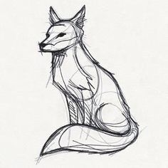 a black and white drawing of a fox sitting on top of a sheet of paper