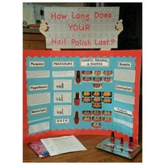 a poster on how long does your nail polish last? is displayed in front of a table