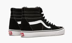 The Vans Sk8-Hi “Black/White” is one of the most classic shoes on the market today.  Beloved for its timeless look, comfort, and performance capabilities as a hard wearing skate shoe, the Vans Sk8-Hi model is an all-around footwear icon that will never go out of style.  Its design includes a black suede upper with white contrast stitching along the collar, eyelet, forefoot, and heel.  A jazzy white leather stripe is located on the medial and lateral side of the shoe.  Additional white stitching Vans Sk8 Hi Black, Sk8 Hi Vans, Red Vans, Yeezy 500, Vans Sk8 Hi, Vans High Top Sneaker, Sk8 Hi, New Sneakers, Classic Shoes