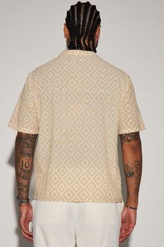 Available In Cream. Crew Neck Short Sleeve Flocked Texture 92% Polyester, 8% Spandex Imported | Mens Infinite Lives Geometric Short Sleeve Crew Tee Shirt in Cream size 3XL by Fashion Nova Casual Collared Tops With Geometric Pattern, Casual Collared Top With Geometric Pattern, Summer Collared Top With Geometric Pattern, White Short Sleeve Tops With Geometric Pattern, Casual V-neck Tops With Geometric Pattern, Summer Crew Neck Top With Geometric Pattern, Cream Fashion, Mens Tees, Fashion Nova