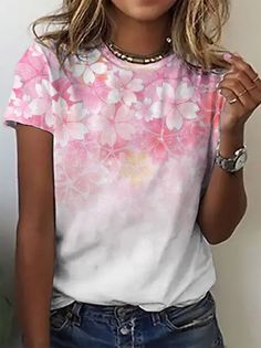 Shop T-Shirts - Zolucky Floral 1 Pink Women T-Shirts Jersey Crew Neck Casual Short Sleeve Date Floral T-Shirts online. Discover unique designers fashion at Zolucky Female Shorts, Round Neck Tops, Floral Print Shorts, Unique Designers, Print Pullover, Floral Shirt, Short Sleeve Blouse, Fashion Tees, Casual T Shirts