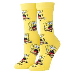 Cool Socks, Surprised SpongeBob, Womens Crew Length, Funny Graphic Print- Large. Cool Socks was solely established to dismantle the status quo and to represent all aspects of being yourself. Whether it is the design of our socks, the messages we advocate, or the people we represent, we're always supporting the right to express ourselves and Stand Out and be Odd. Knit from a thick, comfortable cotton and elastic/ spandex blend for a breathable, yet stretchy fit. Say goodbye to tired toes and hell Cool Spongebob, Spongebob Pajamas, Nickelodeon Spongebob, Yellow Socks, Sock Lovers, Blue Q, Funky Socks, Women Crew Socks, Apparel Merchandising