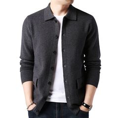 Men's long rib cuff sleeves single breasted closure flat knitted solid color cardigan with a turn down collar and a single breasted closure. Men Knitting, Cardigan Korean Style, Men Streetwear Fashion, Sweater Jackets, Casual Knitwear, Pullover Mode, Woolen Sweaters, Warm Cardigan, Winter Vest