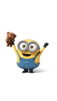 a minion holding a teddy bear in his hand and wearing overalls with one eye open