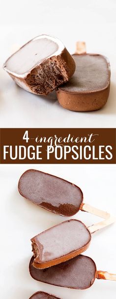 chocolate fudge popsicles on a white surface with text overlay that says 4 ingredients fudge popsicles