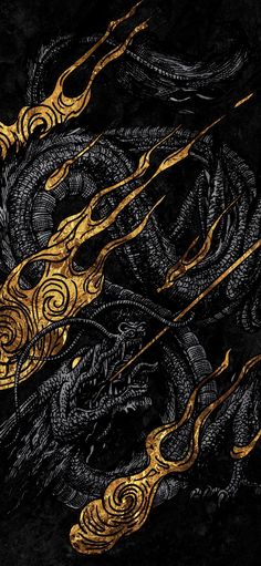 an image of a gold and black dragon design on a black background with flames coming out of it