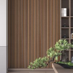 a living room with bookshelves and a plant in the corner on the table