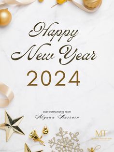 a white marble background with gold and silver ornaments on it that says happy new year