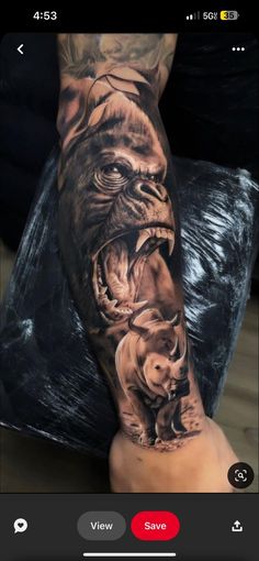 a person with a tattoo on their arm and an image of a bear in the background