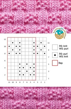 the knitting stitch pattern is shown in pink and white, with black dots on it