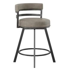 an upholstered stool with a metal frame and grey fabric seat, viewed from the front