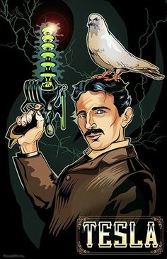 a man holding a bird on top of his head with the word tesla above it