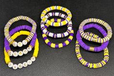 LSU gameday bracelets. If buying stacks, please include variations. Any bracelet can be made with gold or silver Lsu Beaded Bracelets, Lsu Bracelet Ideas, Adjustable Gold Beaded Bracelets For Game Day, Lsu Jewelry, Bracelet Stack Ideas, Beads For Sale, Purple Gift, Polymer Clay Jewelry Tutorials, Clay Bracelet