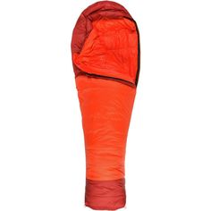 an orange and red sleeping bag on a white background with the zipper down to it's side